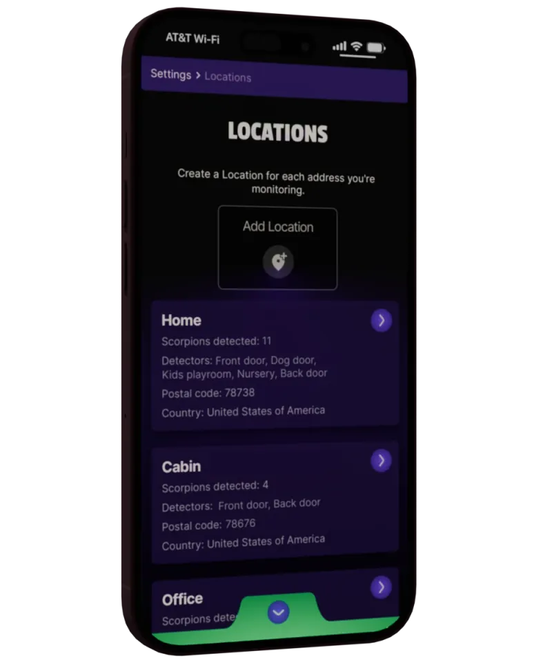 The Scorpion Alert mobile app showing the Locations settings screen.