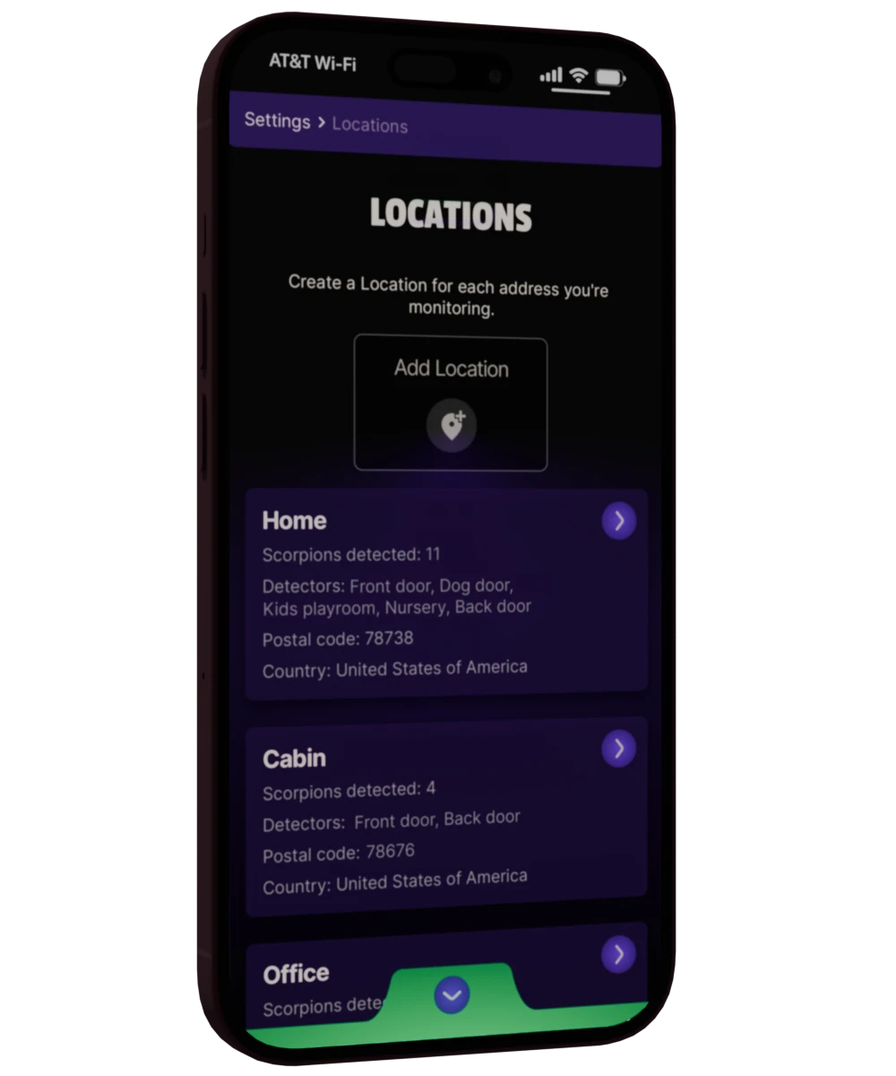 La app móvil de Scorpion Alert mostrando la pantalla de Ubicaciones.