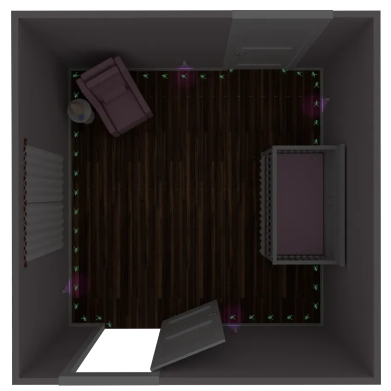 A diagram of a room where a scorpion hugs the perimeter, a behavior known as thigmotaxis.