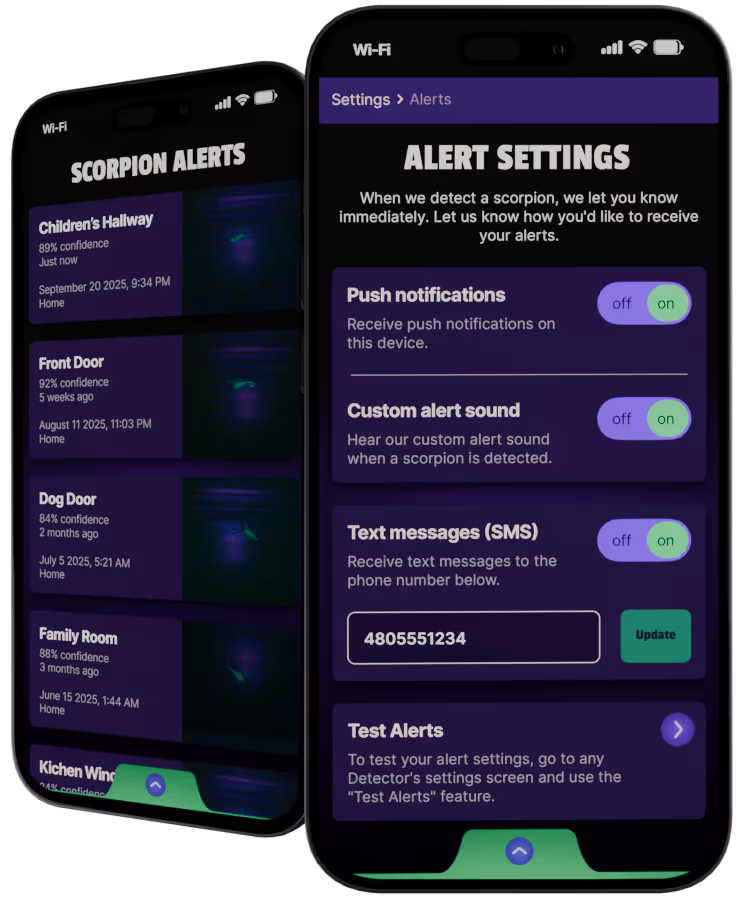 Dos teléfonos mostrando la app de Scorpion Alert; uno muestra el historial con ubicaciones y porcentajes de confianza, el otro muestra los ajustes de alertas con notificaciones push, sonido personalizado, mensajes SMS y prueba de alertas.